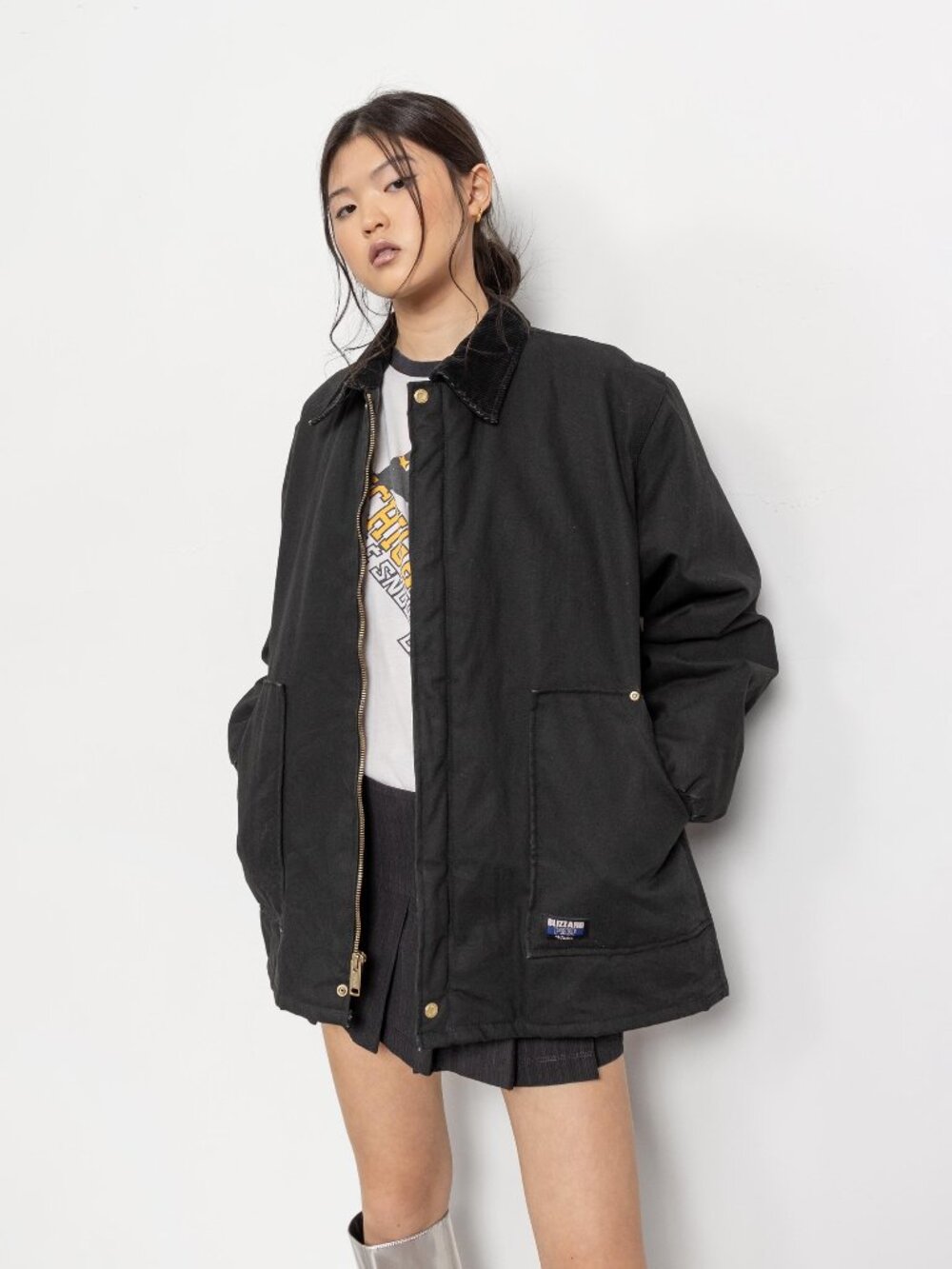 Vintage Black Canvas Quilted Cotton Utility Jacket, Large